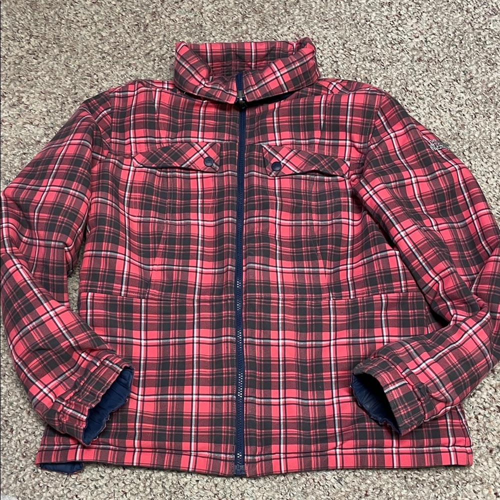The North Face reversible Women's Dark Blue/red plaid Puffer Jacket
